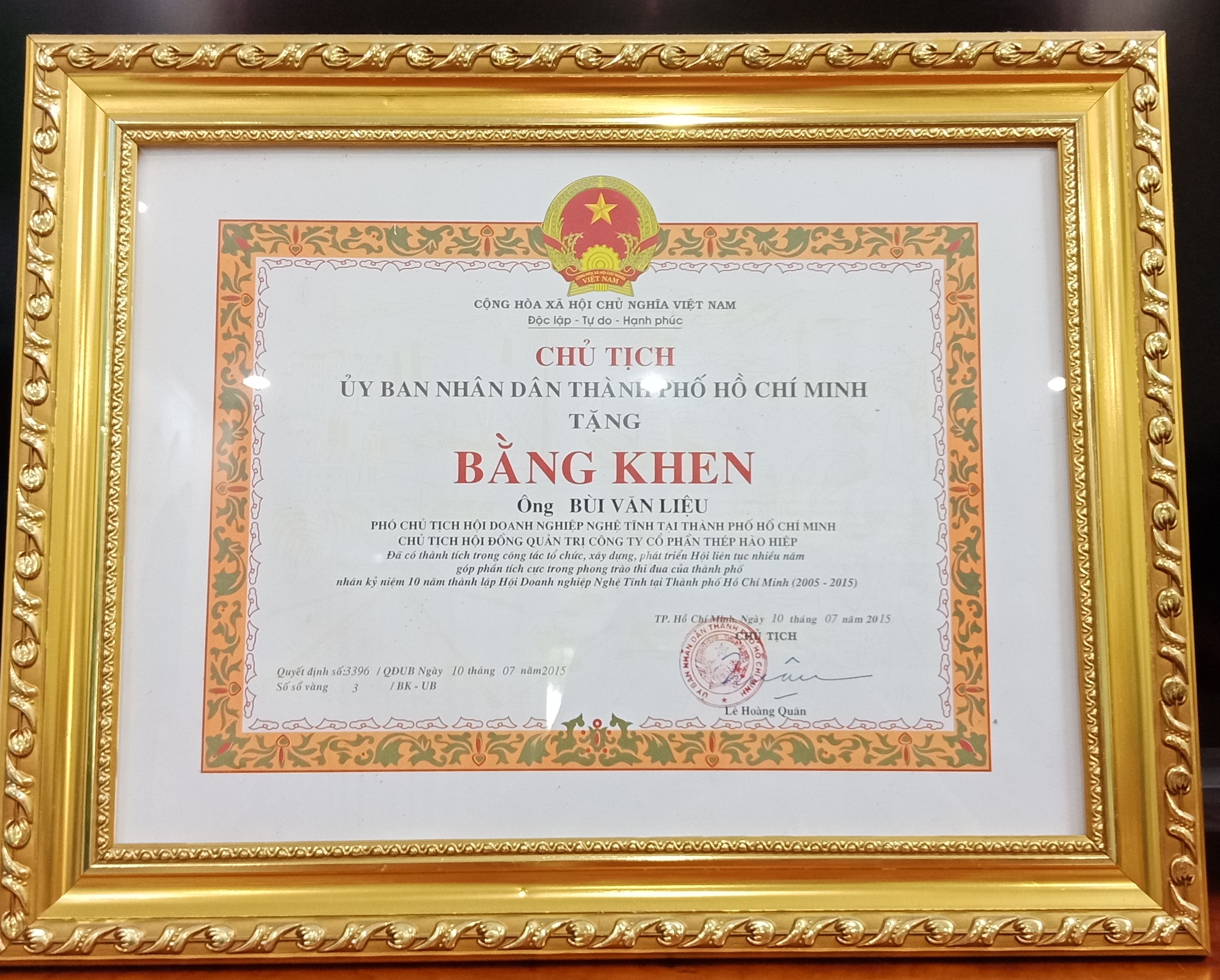 Công ty Hào Hiệp được nhận bằng khen từ UBND TP HCM